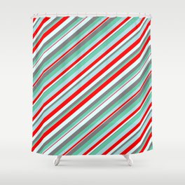 [ Thumbnail: Eyecatching Aquamarine, Powder Blue, Red, Light Cyan, and Gray Colored Lines Pattern Shower Curtain ]