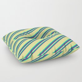 [ Thumbnail: Dark Slate Blue, Tan, and Green Colored Striped Pattern Floor Pillow ]