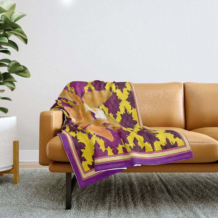 Elegant Gold Wine Trellis  Golden Orchids Pattern Throw Blanket
