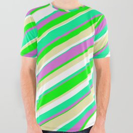[ Thumbnail: Vibrant Green, Orchid, Lime, Pale Goldenrod, and White Colored Pattern of Stripes All Over Graphic Tee ]