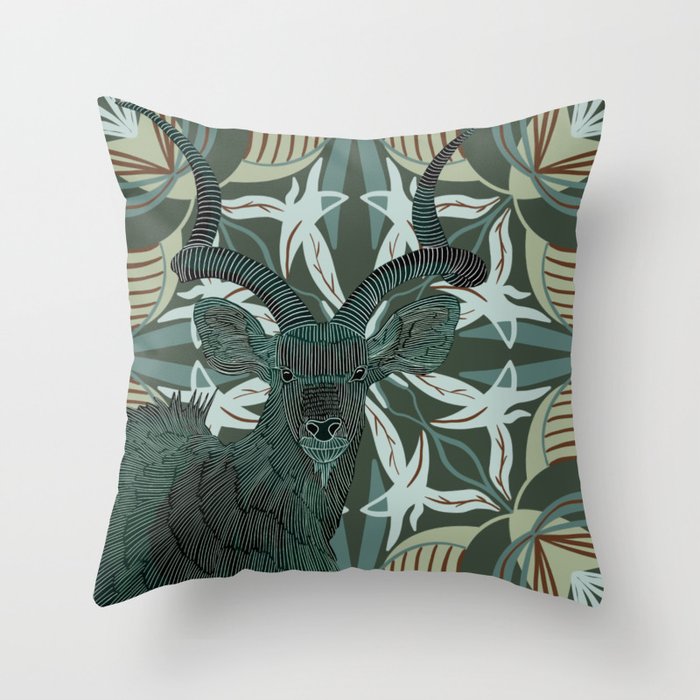 Gorgeous kudu on an abstract green pattern background Throw Pillow