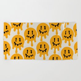 Melted Smiley Faces Trippy Seamless Pattern - Yellow Beach Towel