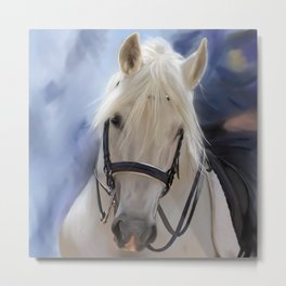 Painted White Horse head Metal Print | White, Gray, Portrait, Painting, Englishriding, Leather, Equestrian, Bridle, Artistic, Animal 