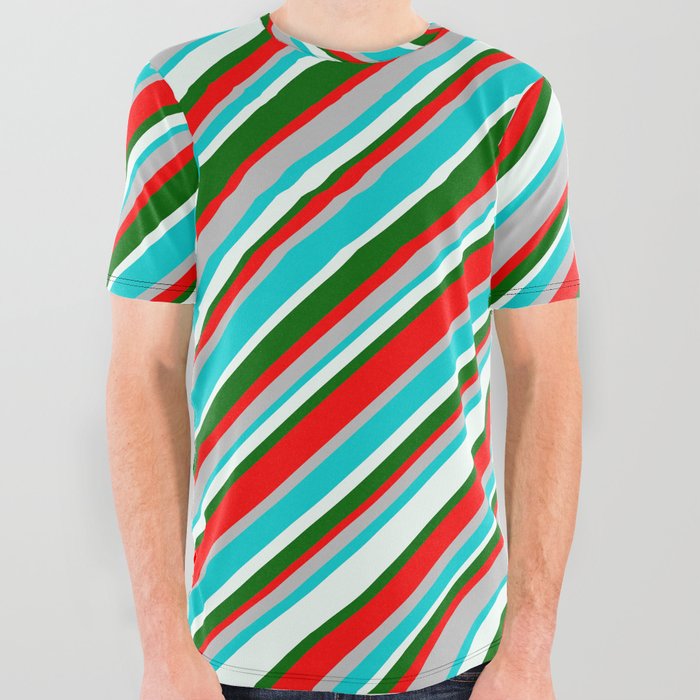 Vibrant Red, Grey, Dark Turquoise, Mint Cream, and Dark Green Colored Striped/Lined Pattern All Over Graphic Tee