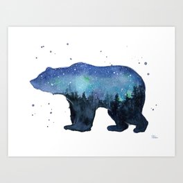 Forest Bear Silhouette Watercolor Galaxy Art Print