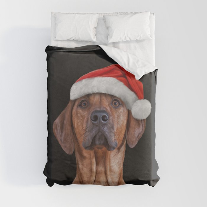 Drawing Vizsla Pointer in red hat of Santa Claus  Duvet Cover