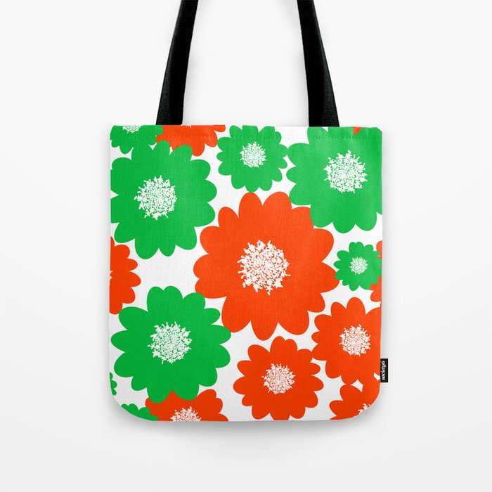 Cheerful Red And Green Retro Summer Flowers Tote Bag