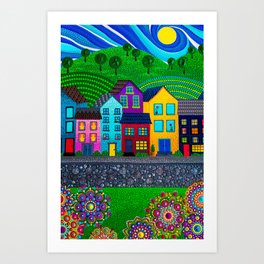 Dot Painting Colorful Village Houses, Hills, and Garden Art Print