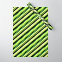 [ Thumbnail: Vibrant Tan, Light Green, Green, Black & Forest Green Colored Pattern of Stripes Wrapping Paper ]