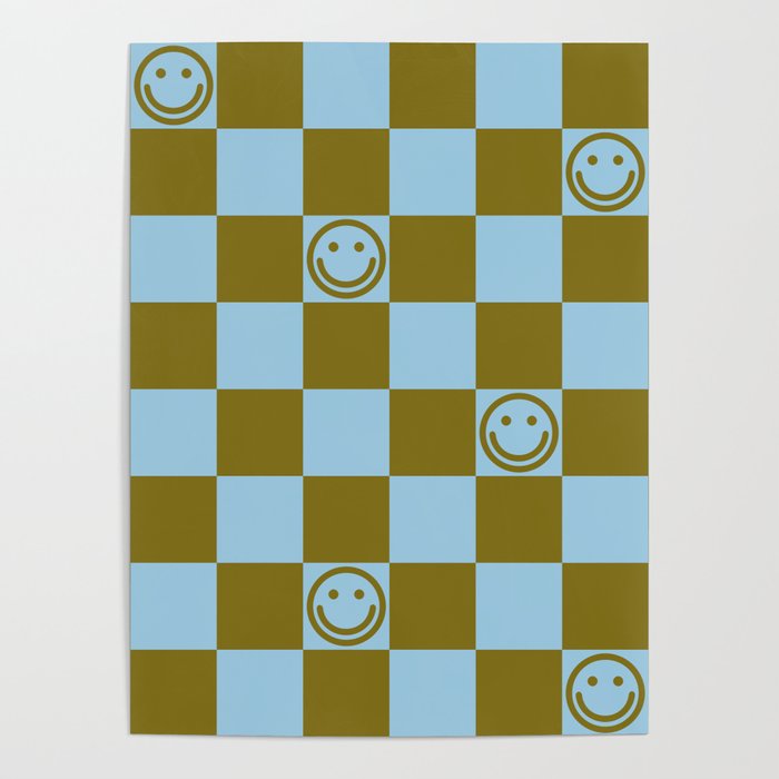 Checkered Smiley Faces \\ Autumn Grass Color & Pastel Blue Poster