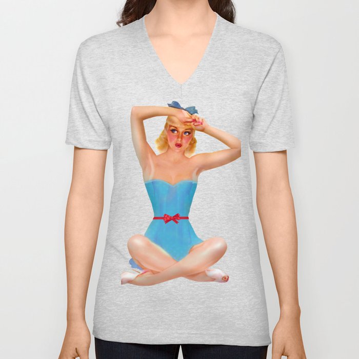 Sexy Blonde Tan Pin Up With Blue Eyes Vintage Light Blue Dress Legs Crossed V Neck T Shirt