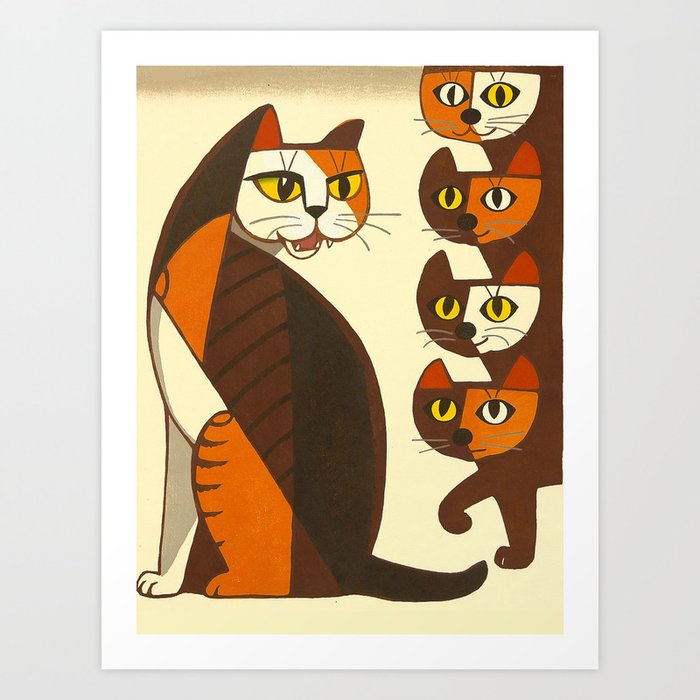 Inagaki Tomoo Vintage Japanese Woodblock Print Mid Century Modern Cubism Art Cats Feline Art Print By Enshape Society6