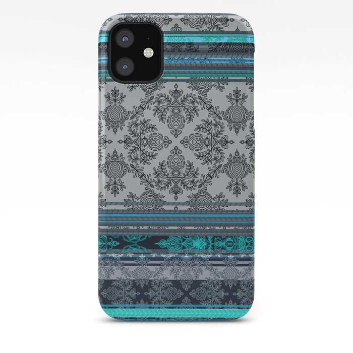 Teal Aqua Grey Vintage Bohemian Wallpaper Stripes Iphone Case
