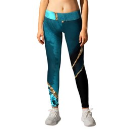 Teal Blue And Gold Glitter Sparkle Veins Agate Leggings