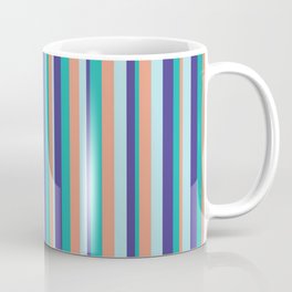 [ Thumbnail: Light Sea Green, Dark Slate Blue, Powder Blue, and Dark Salmon Colored Striped Pattern Coffee Mug ]