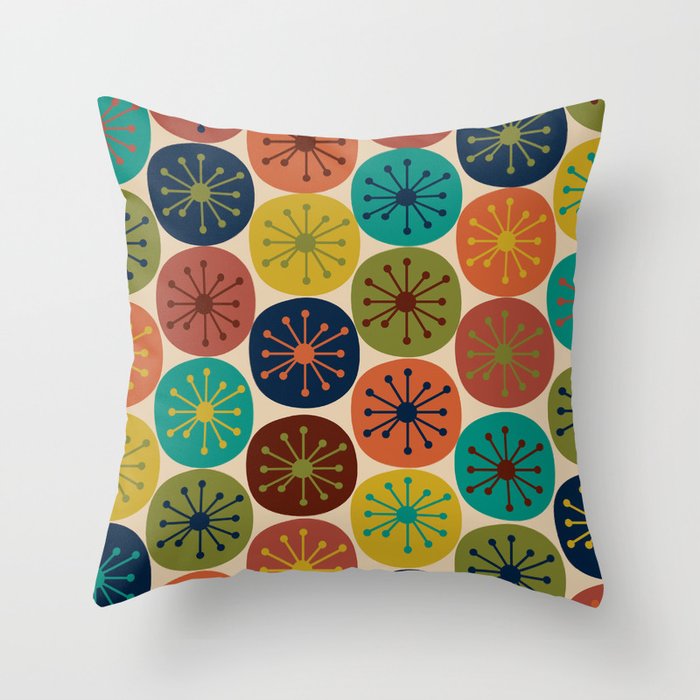 Atomic Dots Pattern in Mid Mod Teal, Orange, Olive, Blue, Mustard, and Beige Throw Pillow