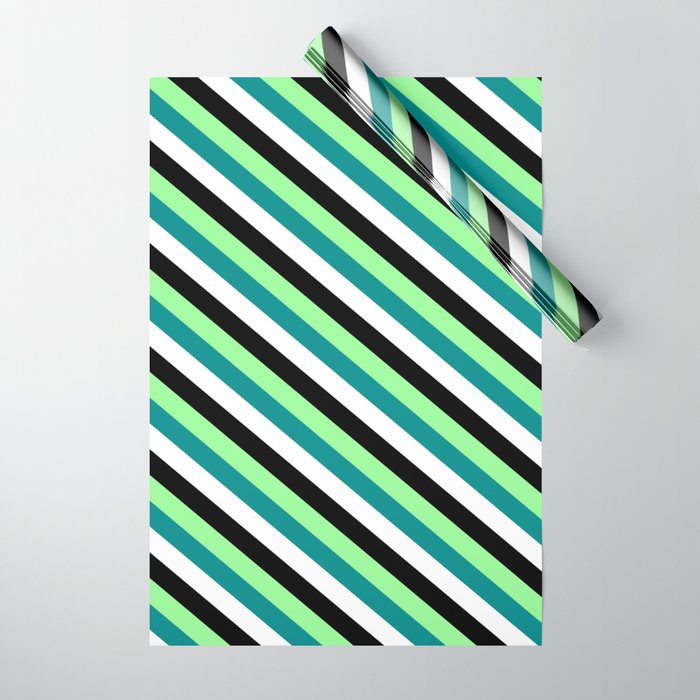Green, Dark Cyan, White, and Black Colored Lined/Striped Pattern Wrapping Paper