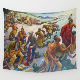 Shawnee & Chickasaw Native American Tribes meeting Missouri Frontier Settlers landscape by Thomas Hart Benton Wall Tapestry