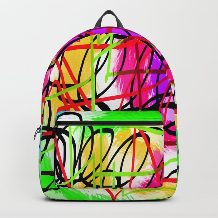 square triangle and circle shape with yellow green blue and pink background Backpack