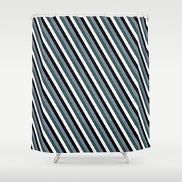 [ Thumbnail: White, Black, Light Slate Gray, and Dark Slate Gray Colored Stripes/Lines Pattern Shower Curtain ]