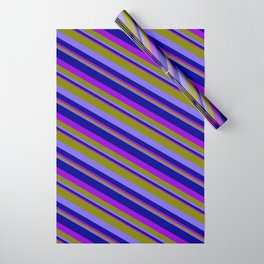 [ Thumbnail: Green, Medium Slate Blue, Dark Blue, and Dark Violet Colored Pattern of Stripes Wrapping Paper ]