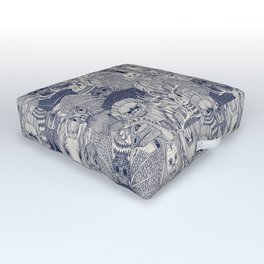 cryptid crowd blue off white Outdoor Floor Cushion | Navy, Sasquatch, Folklore, Jackalope, Mokele Mbembe, Offwhite, Drawing, Legend, Halloween, Seaserpent 