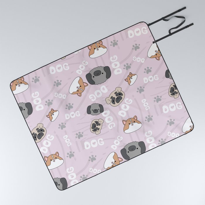 Violet pattern with cute, funny happy dogs. Paws prints, text and pets background for children. Picnic Blanket