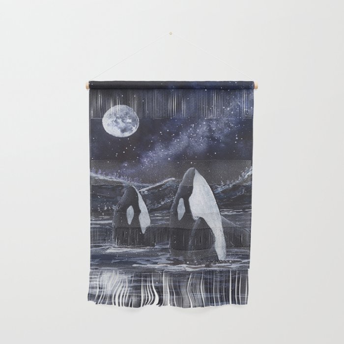 Orca Whales at Night Watercolour - Black & White  Wall Hanging
