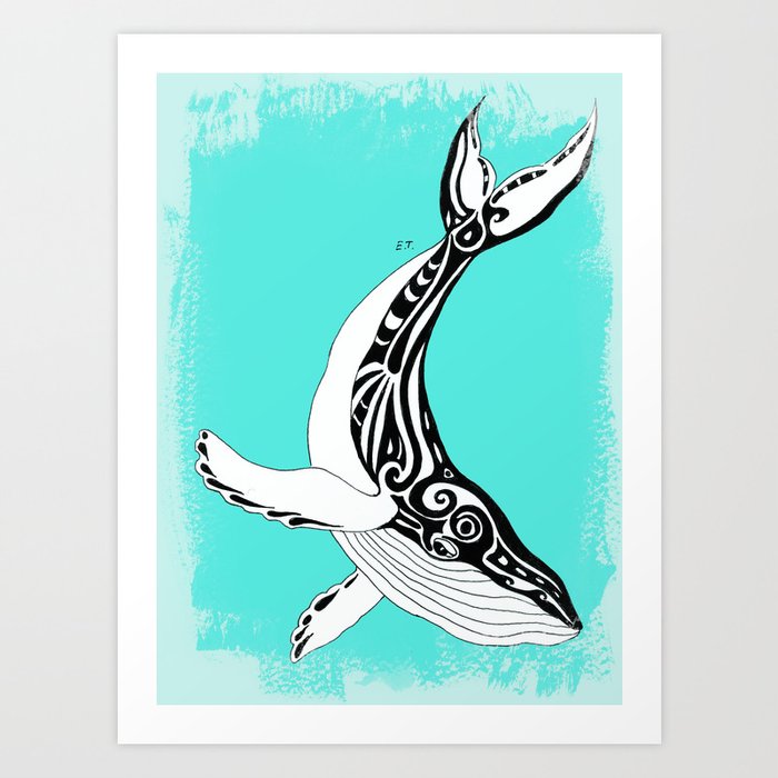 Humpback Whale Tribal Tattoo Teal Art Print