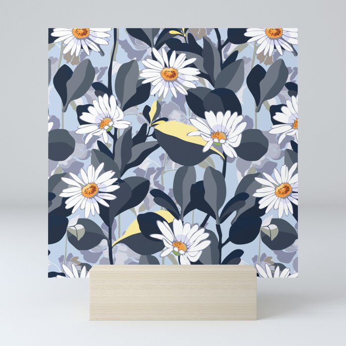 Navy Daisies With Leaves Mini Art Print