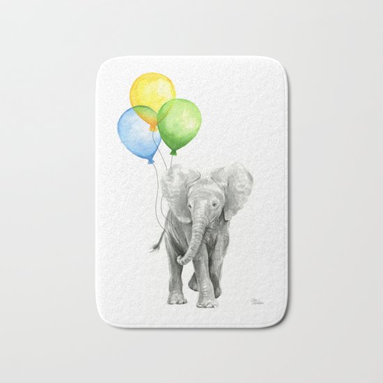 Elephant Watercolor Baby Animal with Balloons - Blue Yellow Green Bath Mat