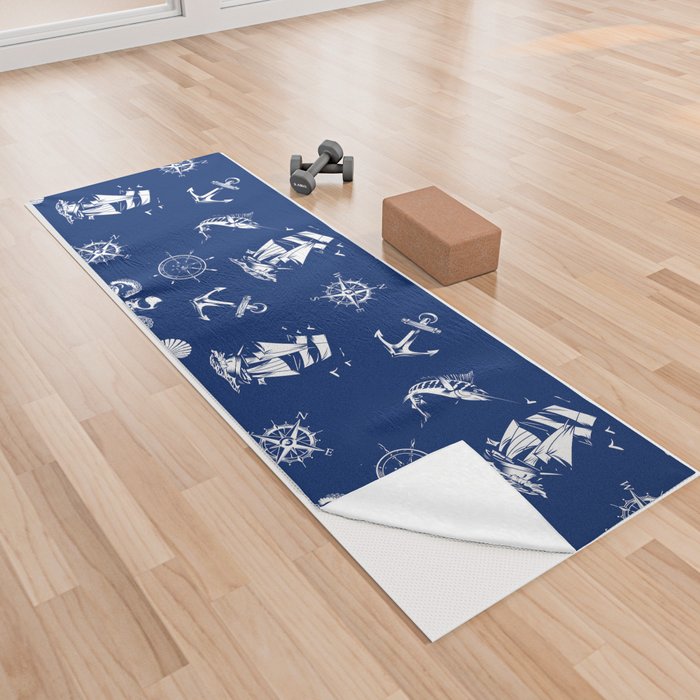 Blue And White Silhouettes Of Vintage Nautical Pattern Yoga Towel