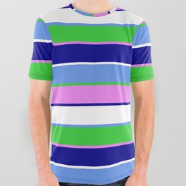 [ Thumbnail: Cornflower Blue, Lime Green, Violet, Dark Blue & White Colored Stripes/Lines Pattern All Over Graphic Tee ]