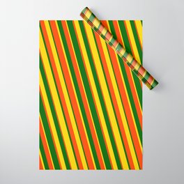 [ Thumbnail: Dark Green, Yellow, and Red Colored Stripes Pattern Wrapping Paper ]