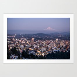 Portland Evening Urban Cityscape With Mt Hood Art Print