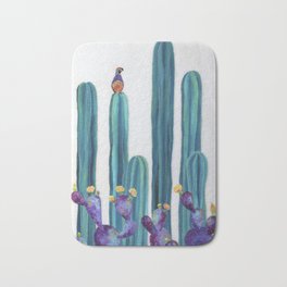 Quail and Prickly Pear Cactus Desert Scene original painting by Ashley Lane Bath Mat | Vibrant, Blue, Cute, Bird, Boho, Desert, Purple, Flowers, Green, Colorful 