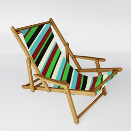 [ Thumbnail: Vibrant Light Yellow, Turquoise, Maroon, Lime Green, and Black Colored Lines Pattern Sling Chair ]