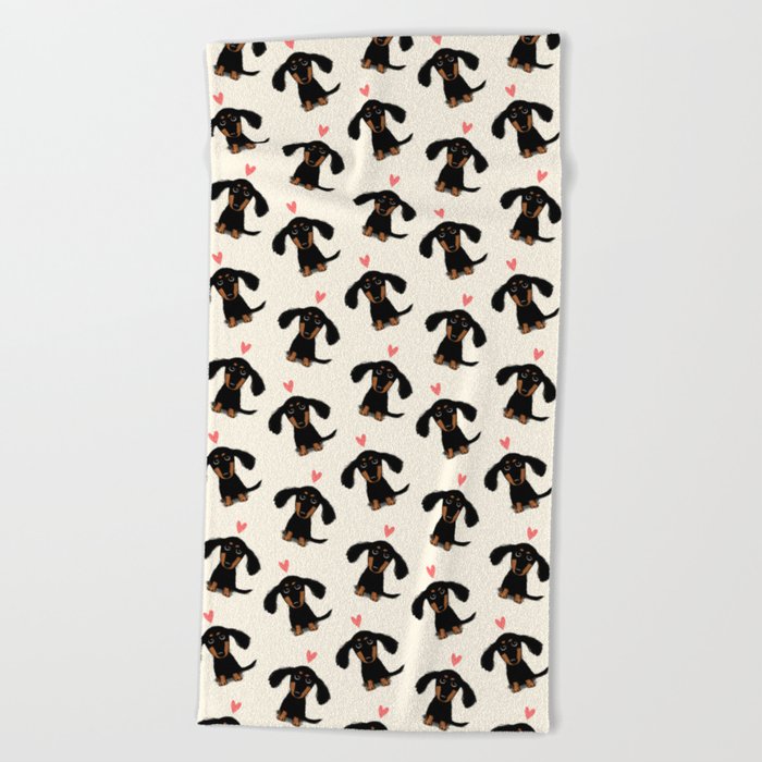 Dachshund Love | Cute Longhaired Black and Tan Wiener Dog Beach Towel