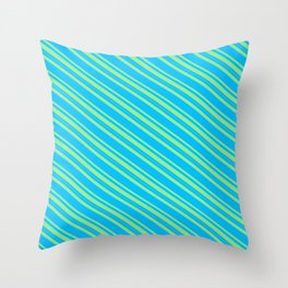 [ Thumbnail: Deep Sky Blue & Light Green Colored Lines/Stripes Pattern Throw Pillow ]