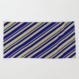[ Thumbnail: Dark Khaki and Blue Colored Lines Pattern Beach Towel ]