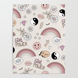 Nineties revival icon rainbows smileys ying yang and daisies girls pop pattern vintage blush pink Poster
