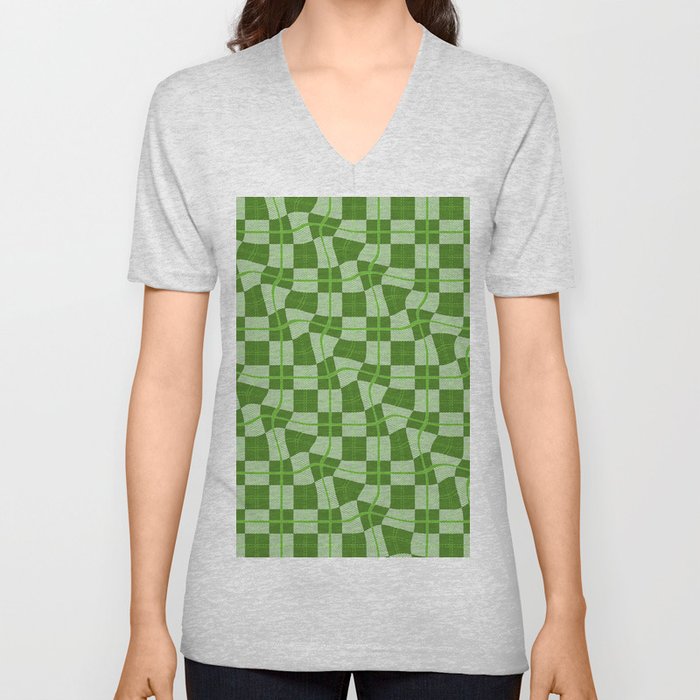 Warped Checkerboard Grid Illustration Vibrant Green V Neck T Shirt