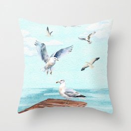 Seaguls in the pier Throw Pillow