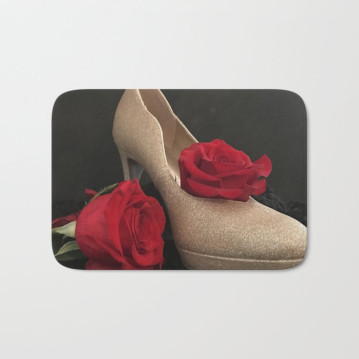 Glitter Gold Stiletto and Two Red Roses Bath Mat