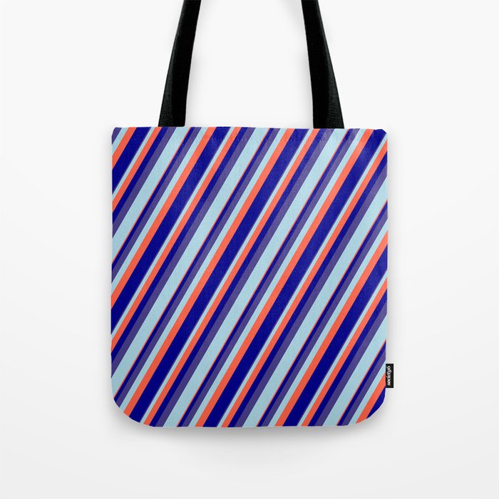 Dark Slate Blue, Light Blue, Red, and Dark Blue Colored Lined Pattern Tote Bag
