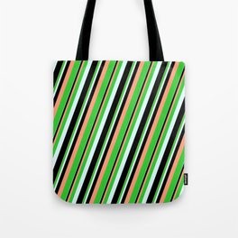[ Thumbnail: Light Salmon, Lime Green, Light Cyan, and Black Colored Lines/Stripes Pattern Tote Bag ]
