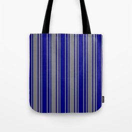 [ Thumbnail: Blue & Grey Colored Stripes/Lines Pattern Tote Bag ]