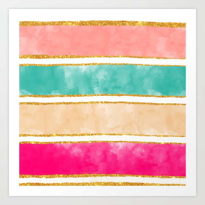 Modern Stripes Pink Red Watercolor Gold Glitter Art Print