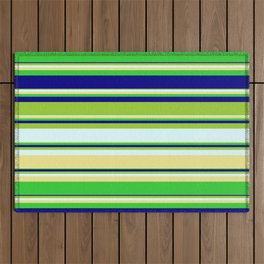 [ Thumbnail: Vibrant Green, Light Cyan, Tan, Lime Green & Blue Colored Stripes/Lines Pattern Outdoor Rug ]