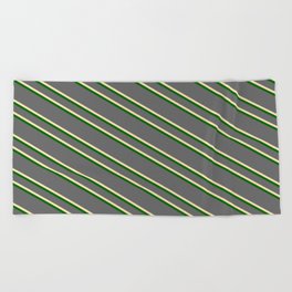 [ Thumbnail: Dim Grey, Beige & Dark Green Colored Striped/Lined Pattern Beach Towel ]